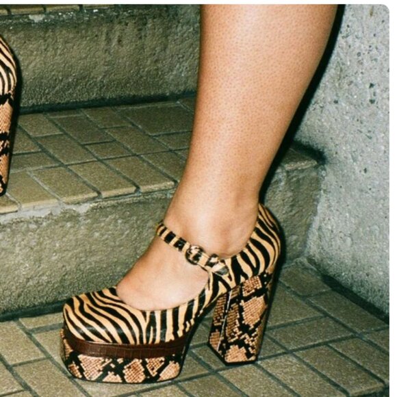 FSJ Brown Zebra Print Block Heel Mary Jane Pumps with Python Platform Dress Shoe - Picture 1 of 8